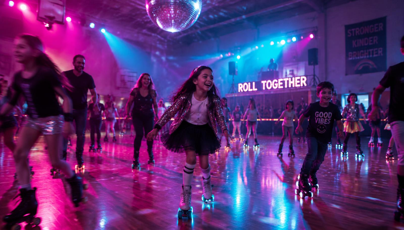 Families roller skating at a Wheelie Roller Disco event